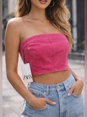 ✨ ZARA Pink Denim Strapless Bustier Crop Top NWT  M✨